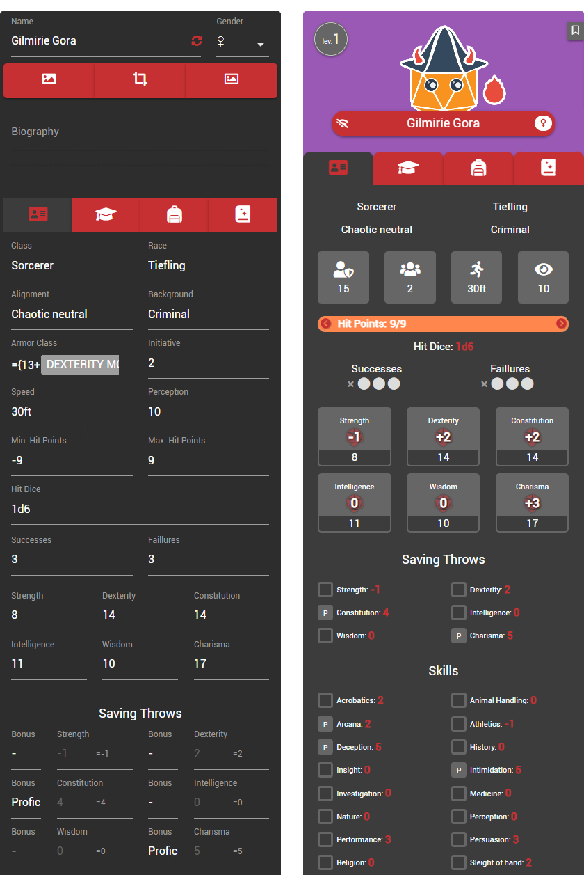Campaign view of Character Sheet