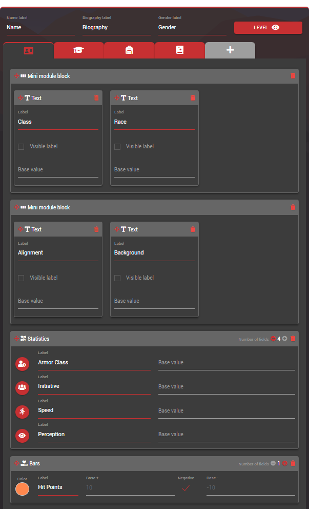 Template view of Character Sheet